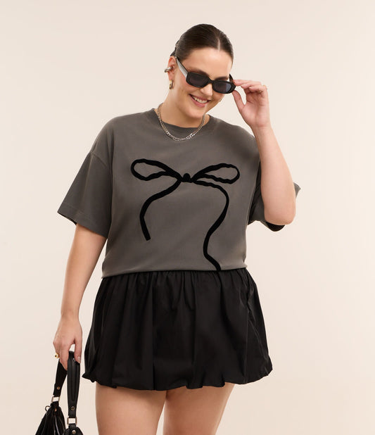 Faded Black T-Shirt with Bow Detail, Curve & Plus Size