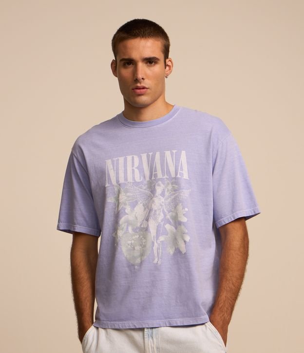 Camiseta Boxy de Algodão com Estampa Lilás Nirvana