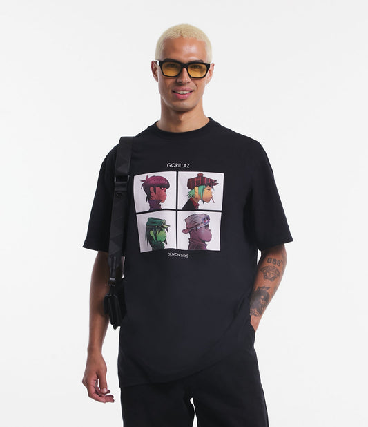Camiseta relaxada em meia malha com estampa Gorillaz Demon Days - Preto