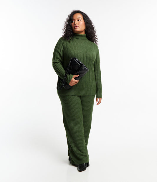Dark Green Textured Knit Striped Wide-Leg Pants - Curve & Plus Size
