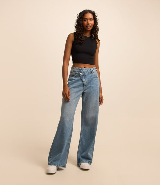Jeans Straight-Leg Distressed com cós cruzado em azul