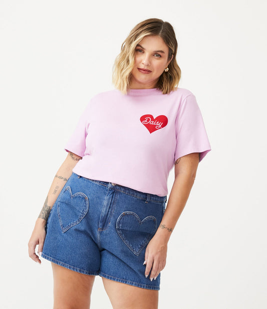 Top de malha com decote longline e estampa de margaridas, Curve & Plus Size, rosa