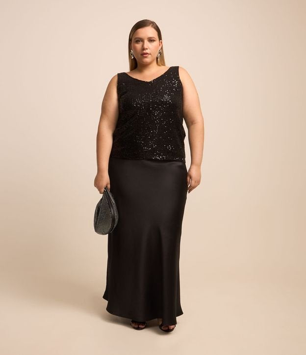 Gonna lunga in raso con fascia elastica in vita Curve e taglie forti nera