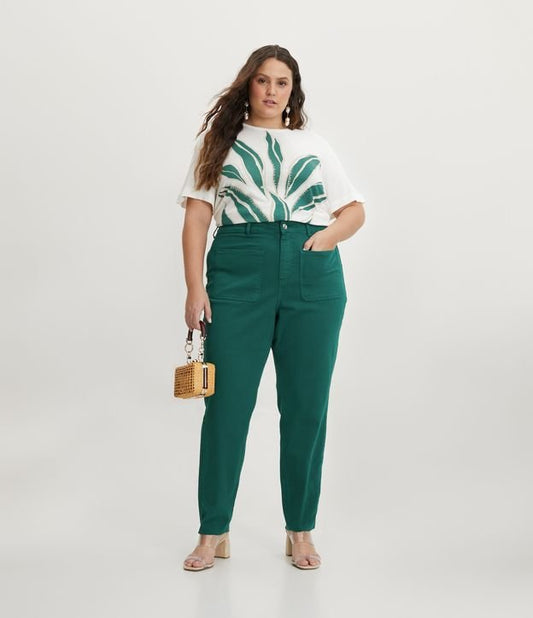 Vaqueros de mamá en sarga con bolsillos delanteros, Curvas y tallas grandes, Verde medio