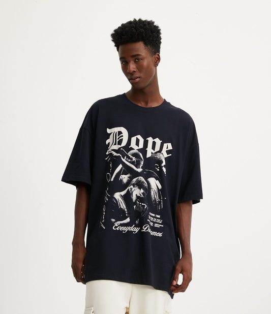 Camiseta preta oversized em tecido de meia malha com estampa Dope