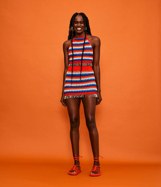 Short Crochet Skirt with Contrasting Stripes and Orange Beaded Fringe
