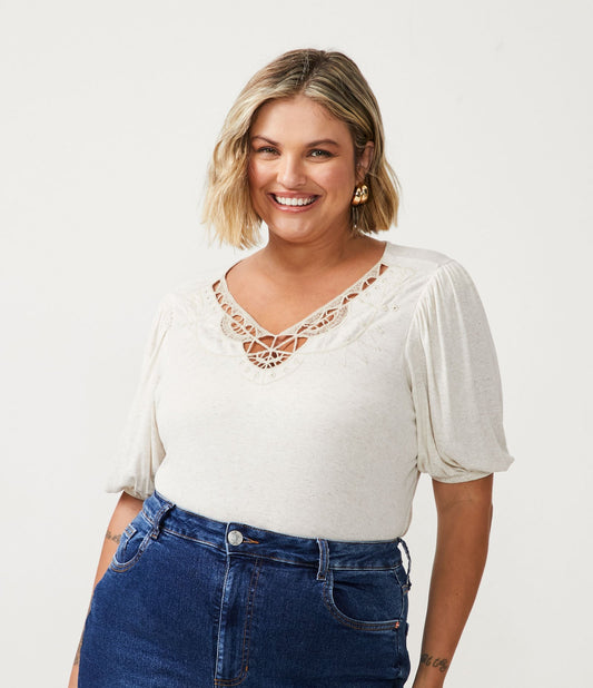 Blusa Viscoline com decote bordado, Curve & Plus Size, Off White