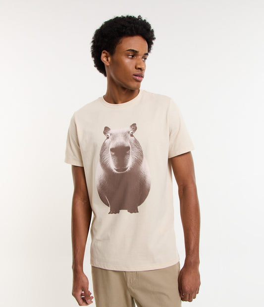 Regular Fit Cotton T-Shirt with Beige Capybara Print