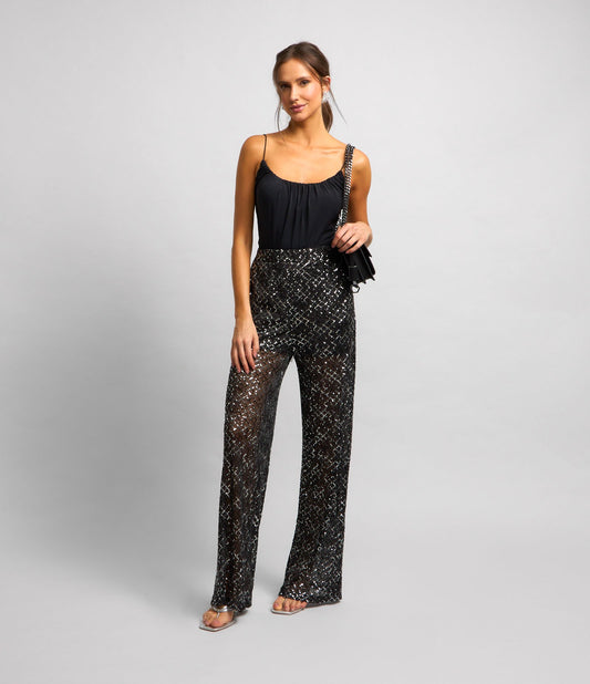 Calça Palazzo de Lantejoulas Metálicas com Bolsos e Efeito Geométrico Preto
