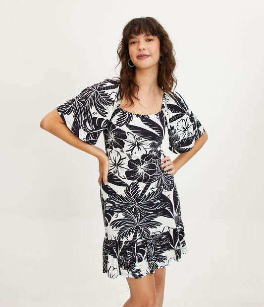 Vestito corto in viscosa con maniche svasate e stampa tropicale in bianco/nero