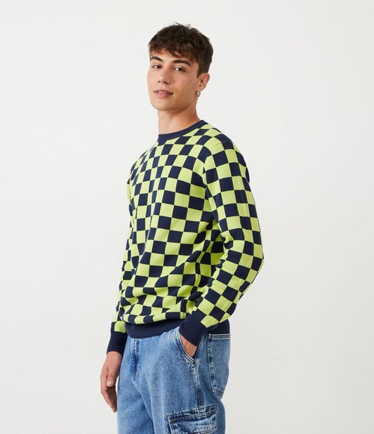 Suéter de algodão xadrez azul escuro de ajuste regular com punhos ajustados