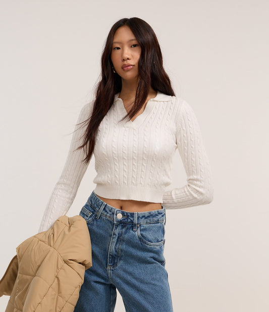 Maglione bianco con collo a polo e maglia testurizzata