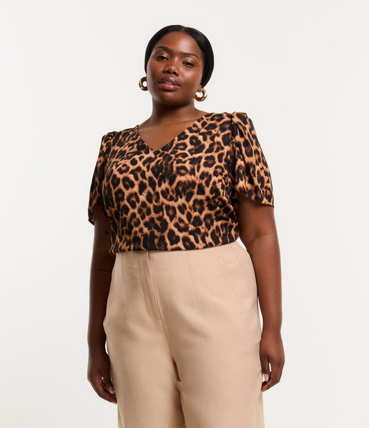 Leopard Print Crepe Blouse with Puff Sleeves, Curve & Plus Size, Black