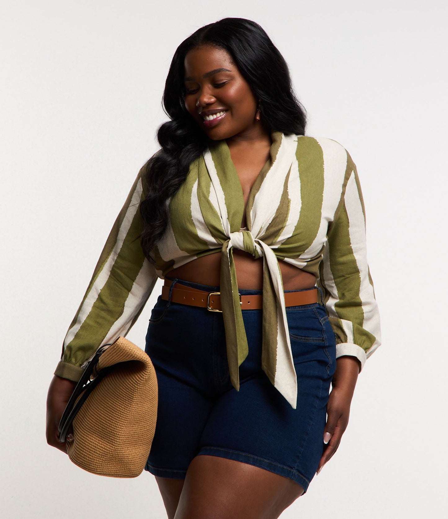 Blusa listrada com corte em linho, Curve & Plus Size, Verde/Bege
