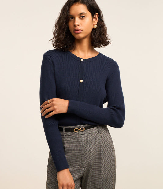 Cardigan basic in maglia a coste con bottoni metallici in blu navy