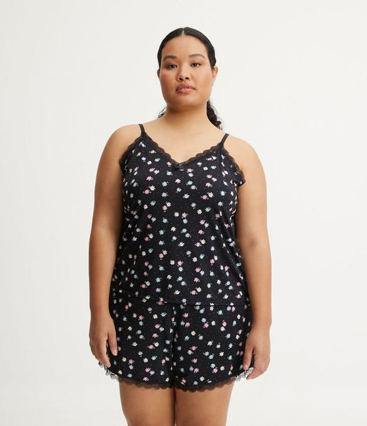 Conjunto de pijama corto de poliamida con tirantes, estampado floral, tallas grandes y curvas, negro