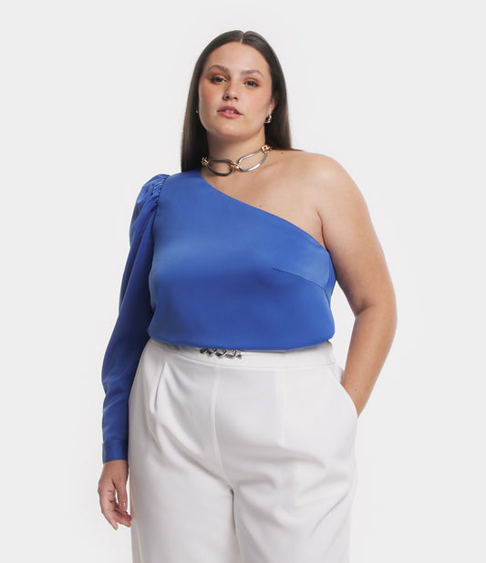 Blusa de cetim sem ombros com mangas bufantes, Curve & Plus Size, azul