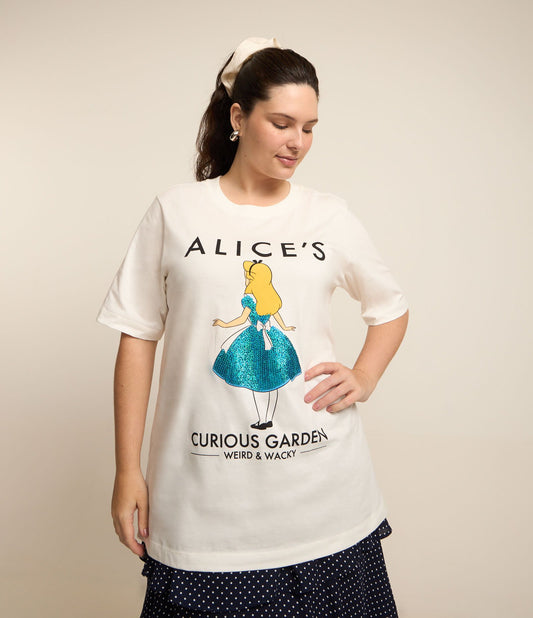 Camicetta bianca oversize con stampa Alice e dettaglio in paillettes - Curve e taglie forti