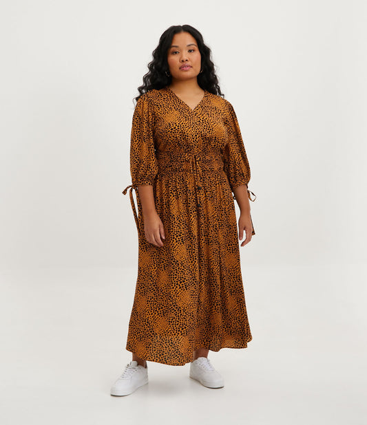 Vestito midi in viscosa con vita elastica e stampa animalier leopardata, Curve e taglie forti, beige