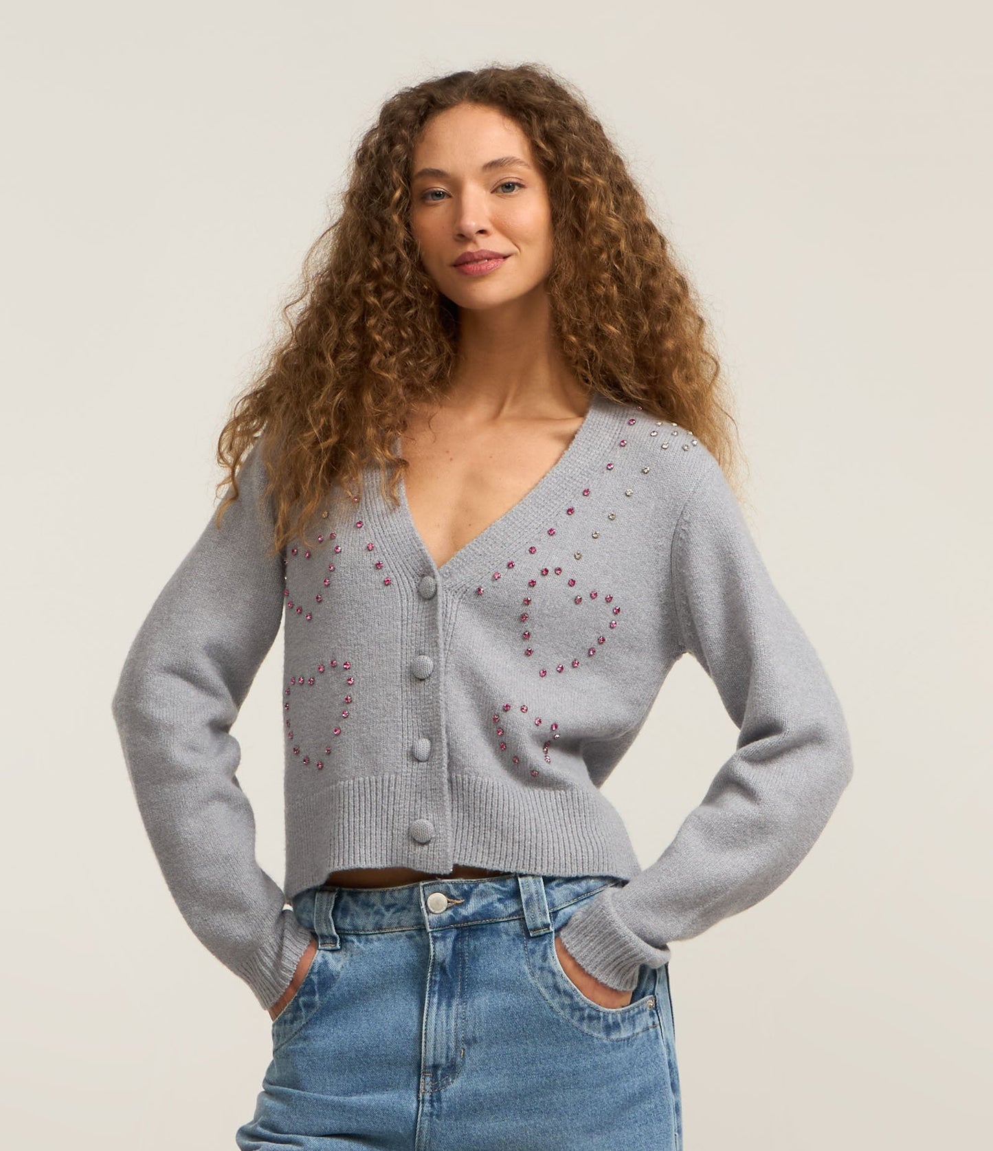 Short Knit Cardigan with Embroidered Beads in Gray
