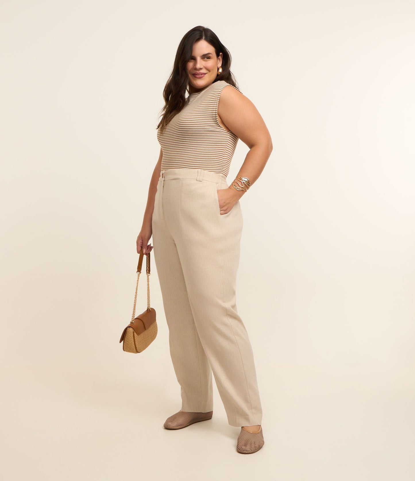 Pantaloni dritti effetto lino in beige - Curve e taglie forti
