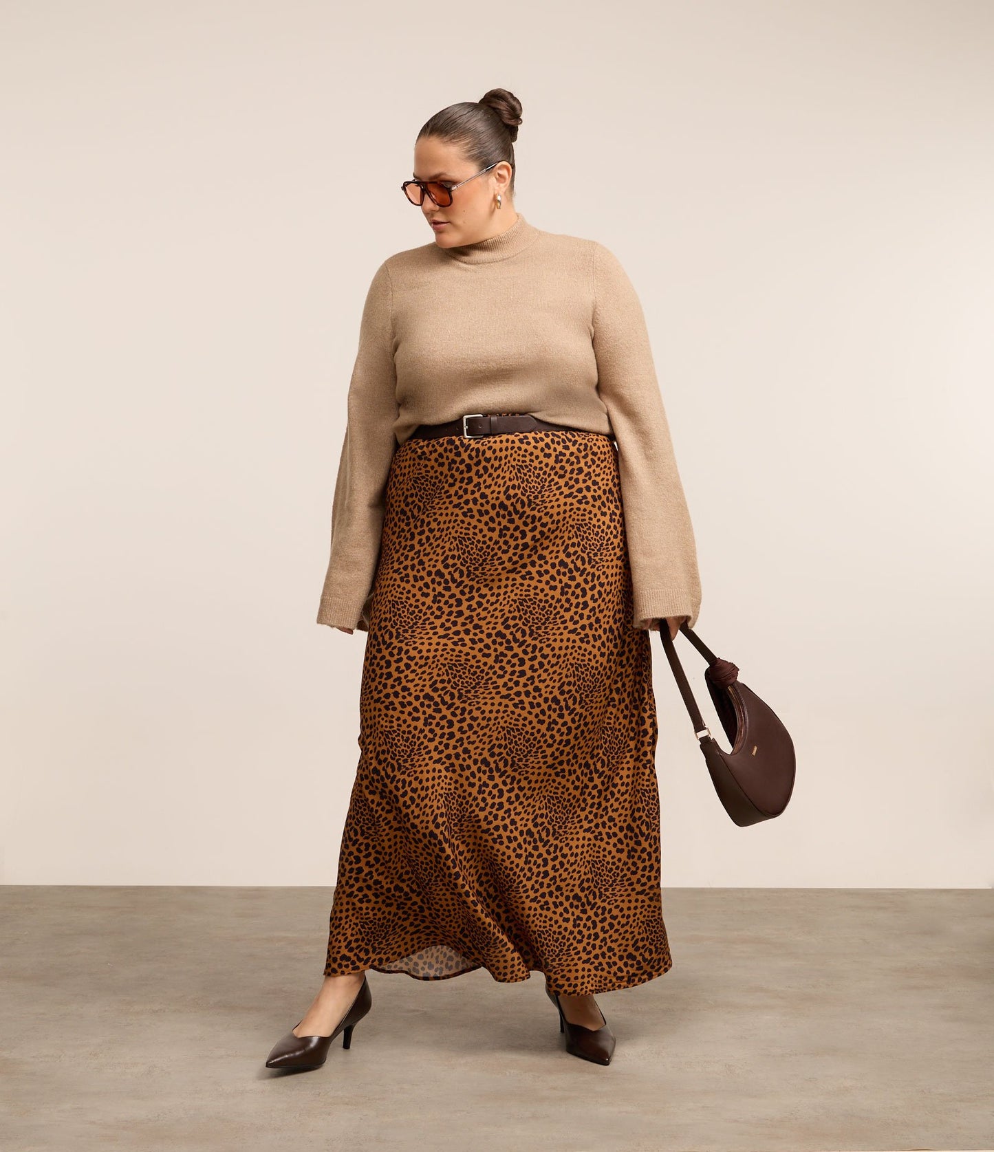 Gonna lunga in viscosa con stampa leopardata in marrone - Curve e taglie forti