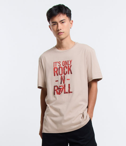 Camiseta bege Comfort Cotton com estampa "It's Only Rock-n-Roll