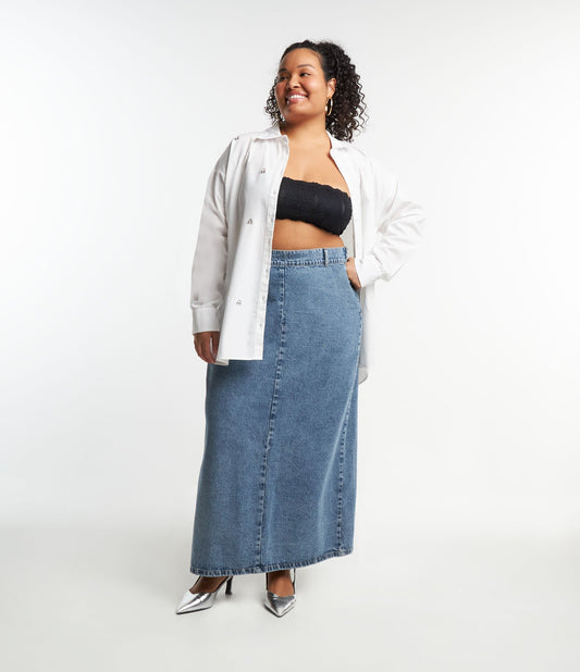 Saia jeans longa com fenda nas costas, Curve & Plus Size, azul