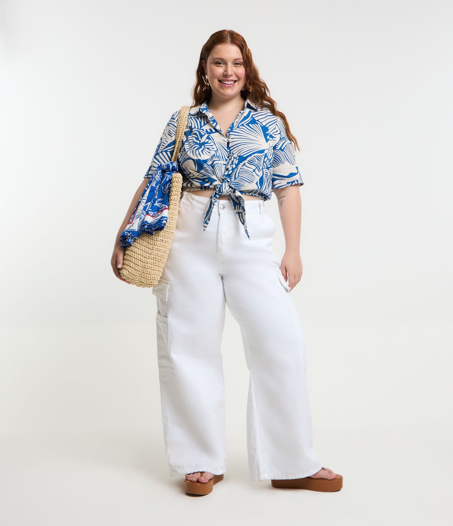 Pantaloni tascabili a gamba larga in twill con cintura - Curve e taglie forti - Bianco
