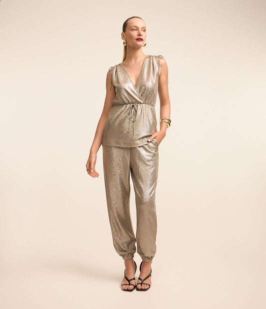 Pantaloni Aladdin con elastico in vita e filo metallico argento