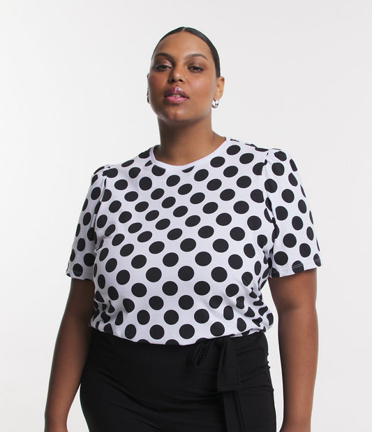 Blusa de manga bufante em malha de bolinhas estampada, Curve & Plus Size, Off White