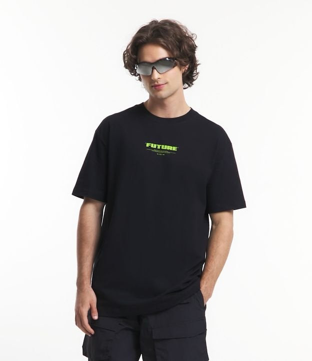 Relaxed Fit Black T-Shirt with Neon Future Print