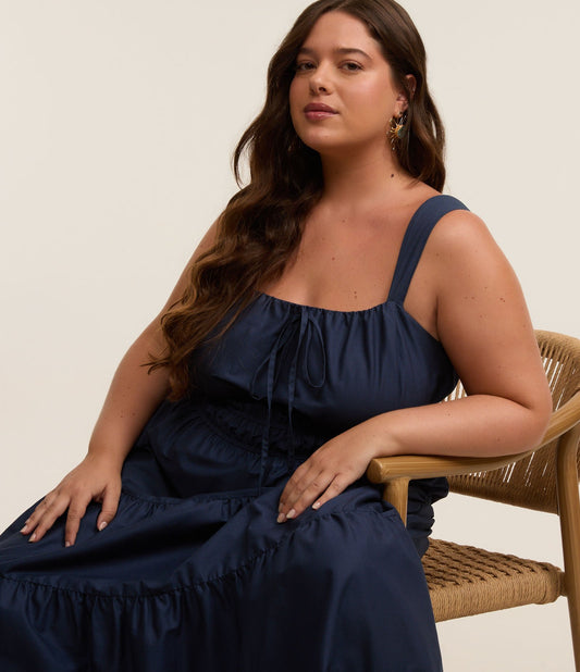Vestido midi azul escuro com babados e laço, Curve & Plus Size