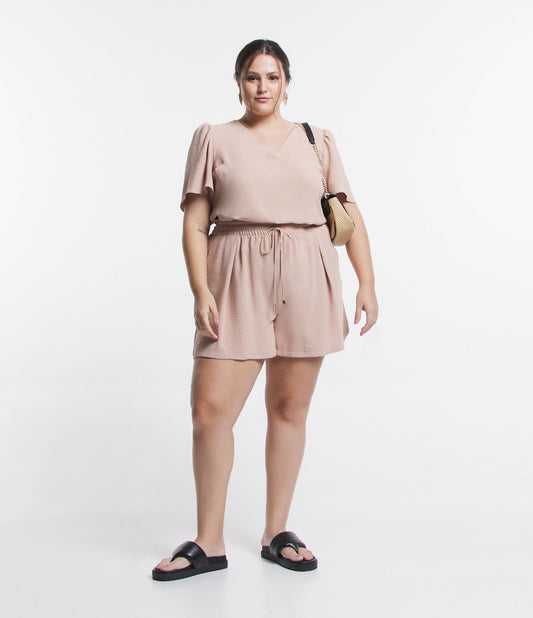 Pantalones cortos básicos de crepé sueltos con lazo en la cintura, Curvas y tallas grandes, Beige