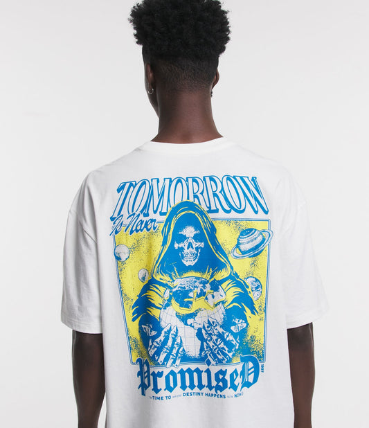 Camiseta Relaxed Fit em meia malha com estampa de caveira na frente e nas costas - Branca