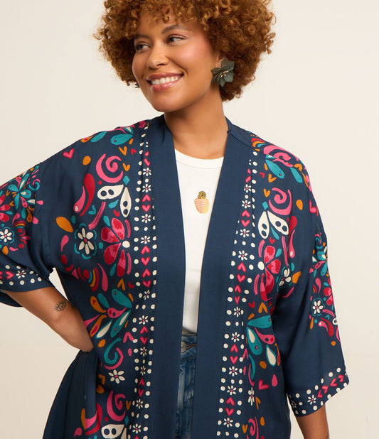 Kimono de viscose com estampa solar, tamanho grande e curvilíneo, azul