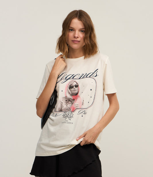 Camiseta de Algodão Estampada White Lotus na Cor Branca