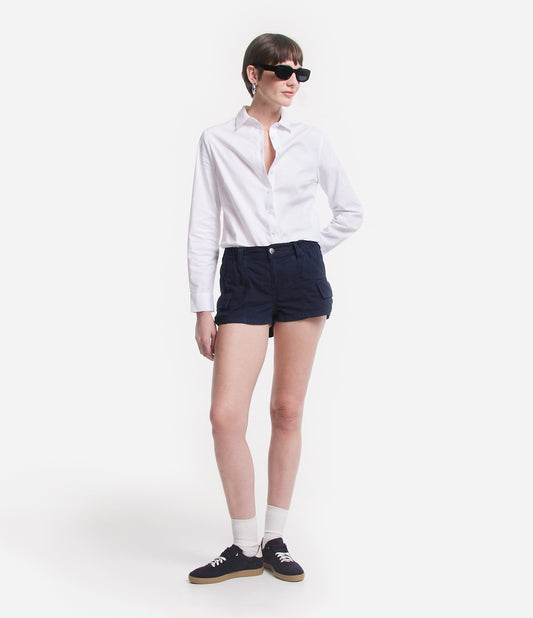 Short Low-Rise Cargo Jeans with Elastic Waistband in Blue