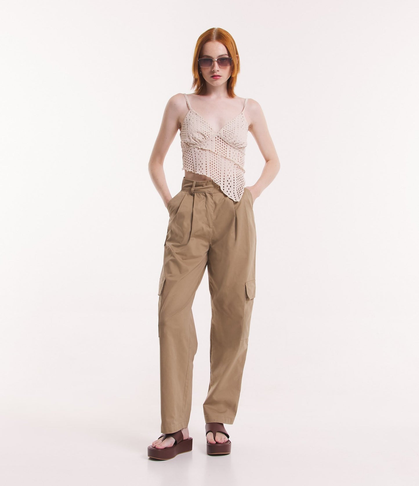 Brown Baggy Twill Pants with Pleats and Cargo Pockets