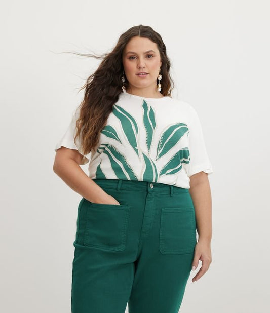 Camicetta lunga in viscosa con stampa foliage, Curve e taglie forti, bianca