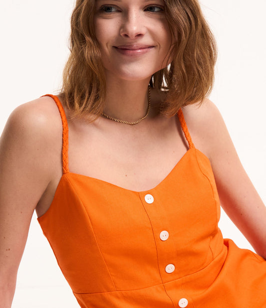 Short Dress in Viscose and Linen with Front Buttons - Orange