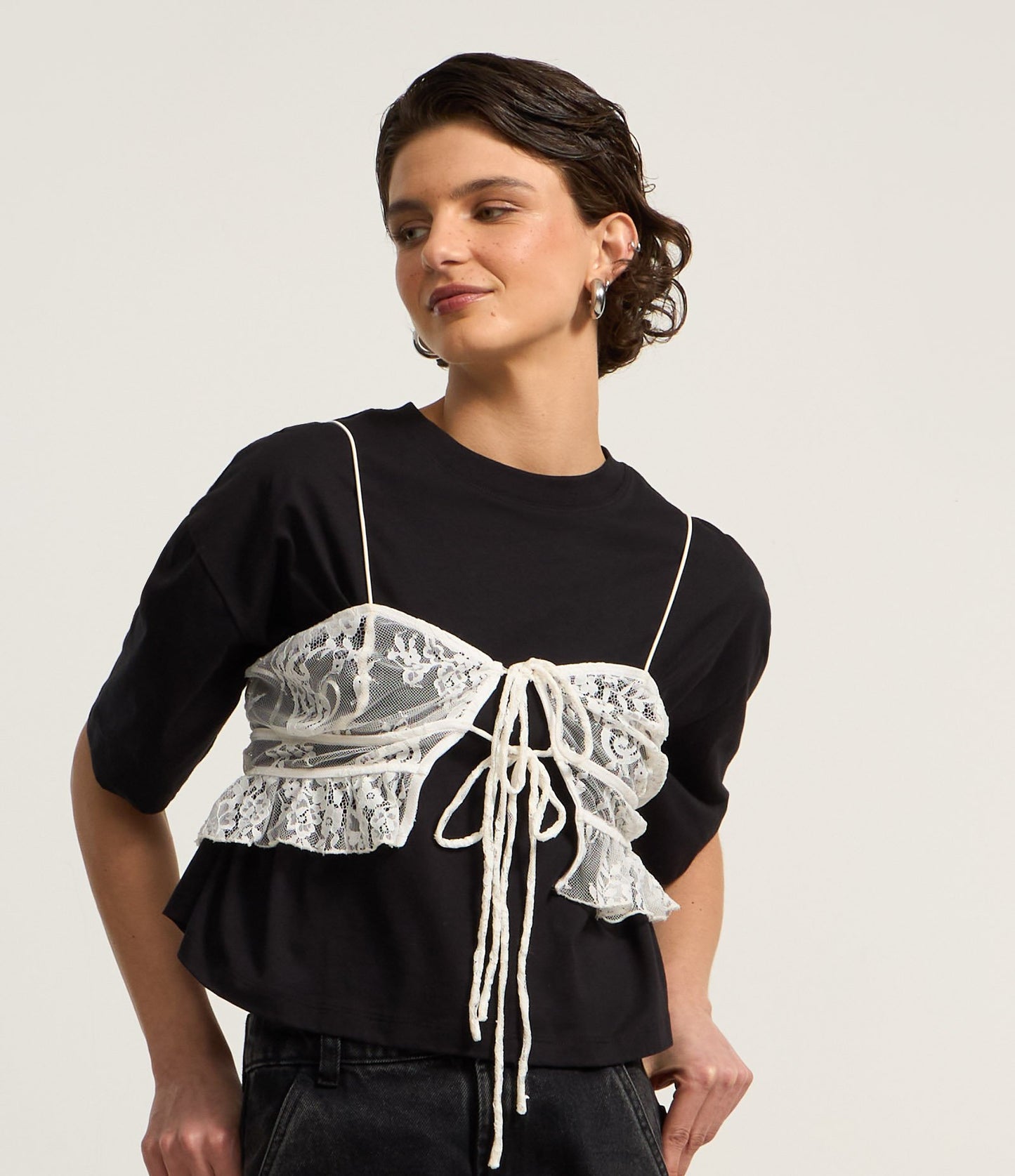 White Lace Cropped Top with Rat Tail Straps and Ruffled Hem