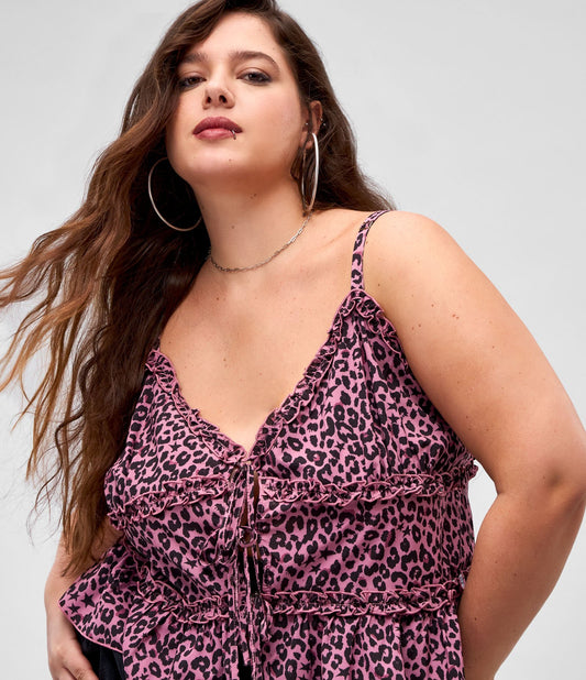 Blusa de crepe com estampa de leopardo e laços na frente, Curve & Plus Size, rosa/preto