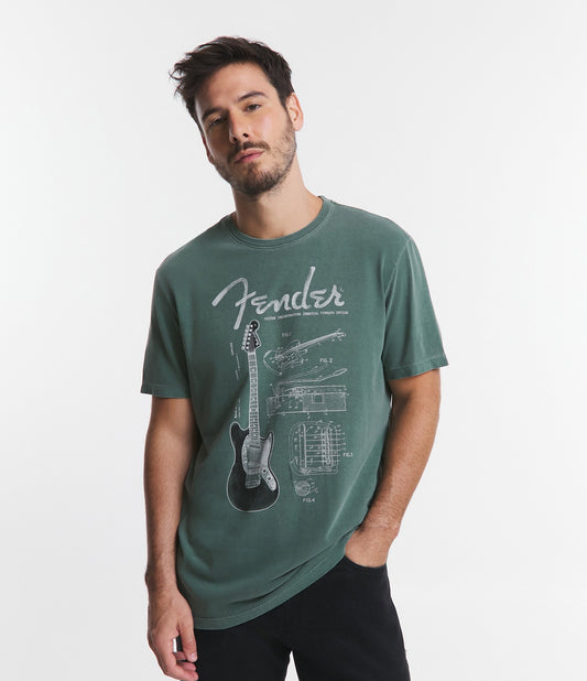 Camiseta de algodão de manga curta com gráfico Fender verde