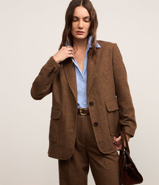 Warm Polivelour Blazer with Pockets and Brown Herringbone Pattern