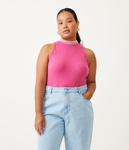 Top a coste senza maniche con colletto in maglia, Curve e taglie forti, rosa