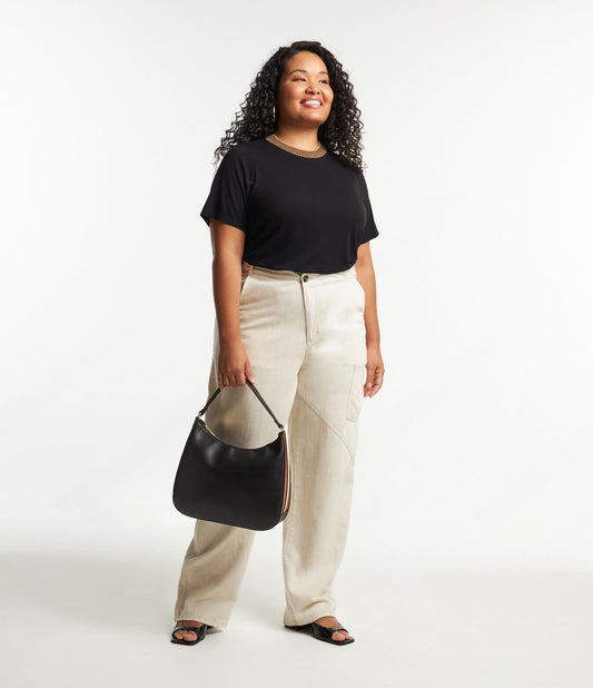 Straight-Leg Twill Pants with Offset Fly and Leg Panels, Curve & Plus Size, Beige Raw
