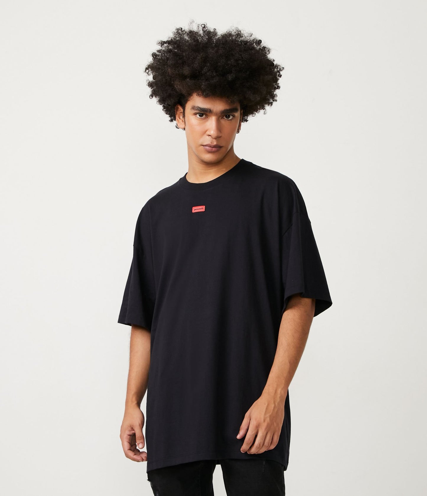 Black Loose-Fit T-Shirt in Half-Knit Fabric with Front Label