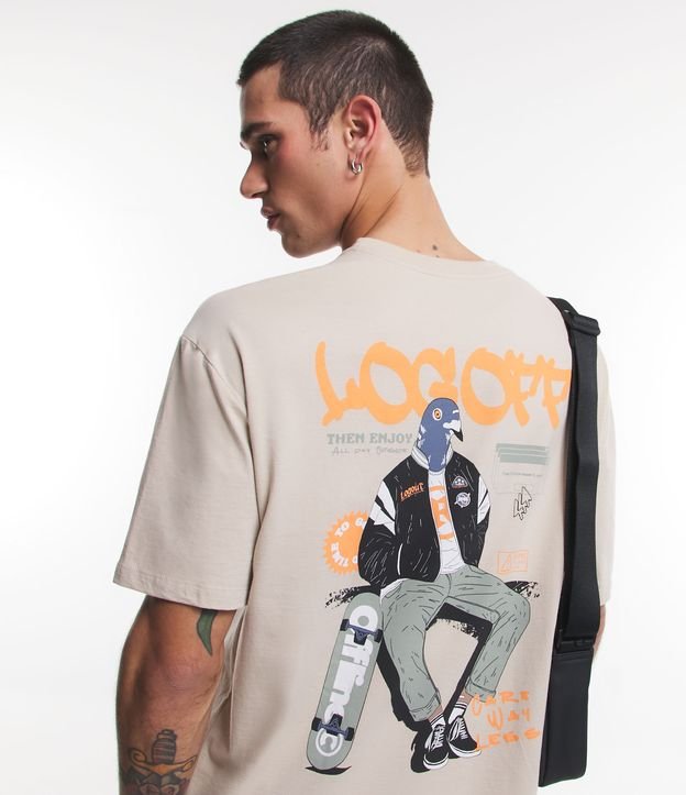 Relaxed Fit T-Shirt in Jersey Knit with Lettering and Street Dove Print in Beige