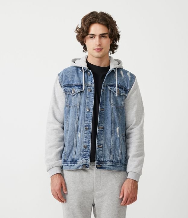 Giacca di jeans basic con cappuccio blu/grigio e maniche in felpa